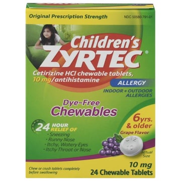 Zyrtec Allergy, Original Prescription Strength, 10 mg, Chewable Tablets, Grape Flavor, Children's