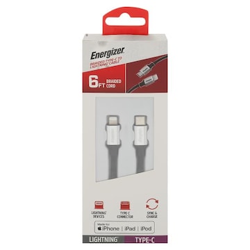Energizer Cable, Lightning, Type-C, Braided Cord, 6 Feet