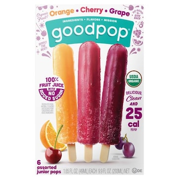 GoodPop Orange Cherry Grape Ice Pops, Organic, No Added Sugar Fruit Bars, 6 Ct