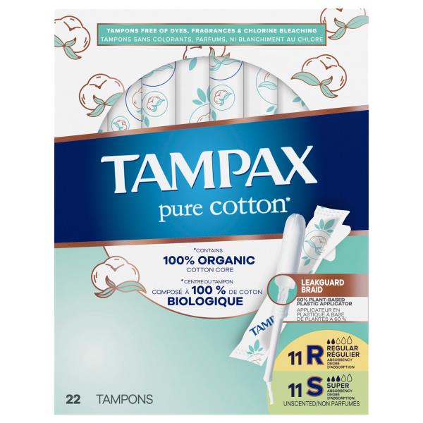 Tampax Pure Cotton Tampons, Regular/Super Absorbency, Unscented ...