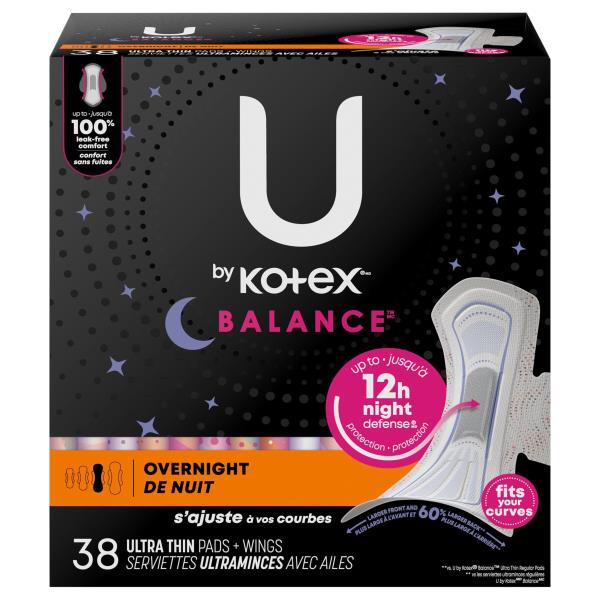 U by Kotex Balance Pads + Wings, Ultra Thin, Overnight Publix Super