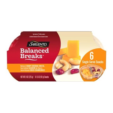 Sargento Sargento® Balanced Breaks® Natural Sharp Cheddar Cheese, Sea-Salted Cashews and Cherry Juice-Infused Dried Cranberries Snack Kit, 6-Pack
