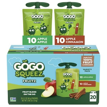 GoGo squeeZ No Sugar Added Apple Cinnamon Applesauce & Fruit Puree Pouches, 3.2 oz (20 Pack)