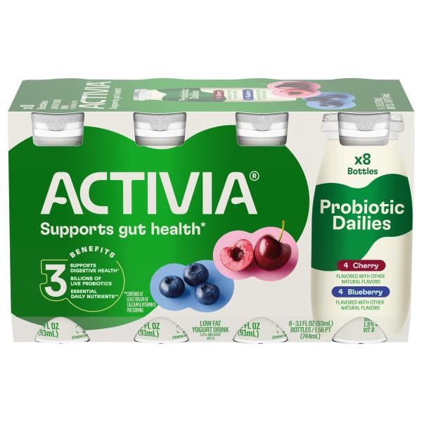 Activia Yogurt Drink, Lowfat, Cherry & Blueberry, Probiotic Dailies, 8
