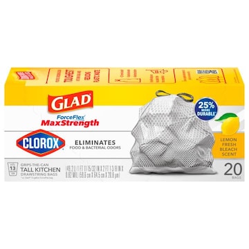 Glad ForceFlex Max Strength Grips-the-Can Tall Kitchen 13 Gallon Lemon Fresh Bleach Scent Drawstring Bags