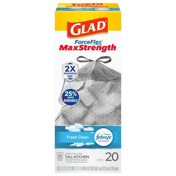Glad Force Flex Plus Tall Kitchen Bags, Drawstring, Fresh Clean, 13
