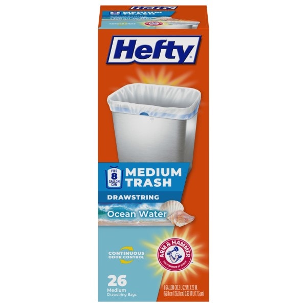 Hefty Trash Bags, Drawstring, Medium, Ocean Water, 8 Gallon