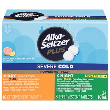 Alka-Seltzer PowerFast Fizz Severe Cold, Effervescent Tablets, Day Citrus/Night Lemon Flavor