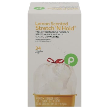 Publix Tall Kitchen Bags, Drawstring, Odor Control, Lemon Scented, Stretch 'N Hold, 13 Gallon