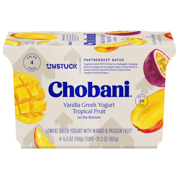 Chobani Unstuck Yogurt, LowFat, Vanilla Greek, Tropical Fruit on the