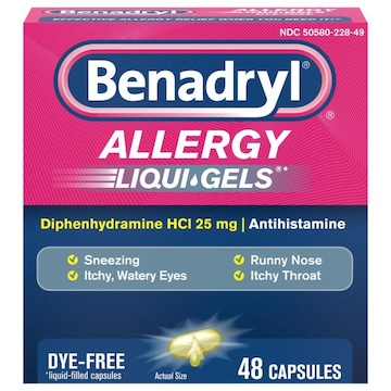 Benadryl Liqui-Gels Allergy, Dye-Free, 25 mg, Capsules