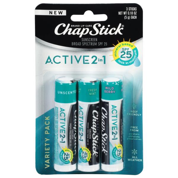 ChapStick Sunscreen, Active 2 in 1, Broad Spectrum SPF 25, Variety Pack