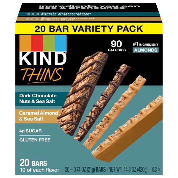 Kind Thins Bars, Dark Chocolate Nuts & Sea Salt, Caramel Almond & Sea
