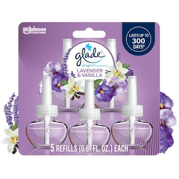 Glade PlugIns Scented Oil 5 Refills, Air Freshener, Lavender & Vanilla Fragrance, Essential Oil Infused Wall Plug In, 3.35 FL OZ, Pack of 5