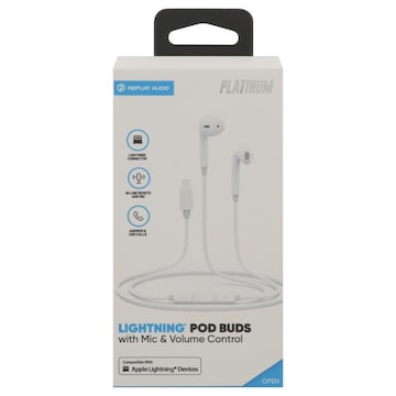 Replay Audio Platinum Pod Buds, with Mic & Volume Control, Lightning