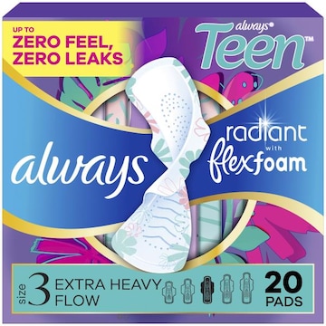 Always Radiant Teen Pads, Size 3, Extra Heavy, with Wings, 20 CT