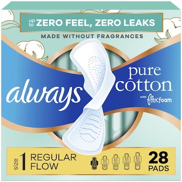 Always Pure Cotton With FlexFoam Pads, Size 1, Regular, Wings, 28 CT