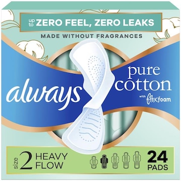 Always Pure Cotton With FlexFoam Pads, Size 2, Heavy, Wings, 24 CT