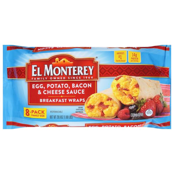El Monterey Breakfast Wraps, Egg, Potato, Bacon & Cheese Sauce, 8Pack Family Size Publix