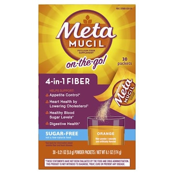 Metamucil On-the-Go, Psyllium Husk Fiber Supplement, 4-in-1 Fiber for Digestive Health, Sugar Free, Orange Flavor, 30 packets