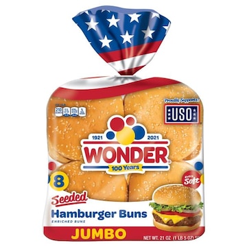 Wonder Bread Jumbo Seeded Hamburger Buns, Sesame Seed White Bread Rolls, 8 Count