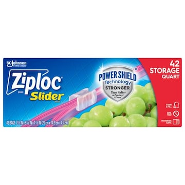 Ziploc ® Brand Storage Slider Quart Bags, Power Shield™ Technology, Expandable Bottom, 42 count