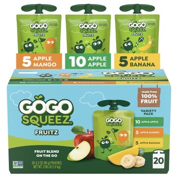 GoGo squeeZ No Sugar Added Apple Mango Banana Applesauce Variety Pouches, 3.2 oz (20 Pack)
