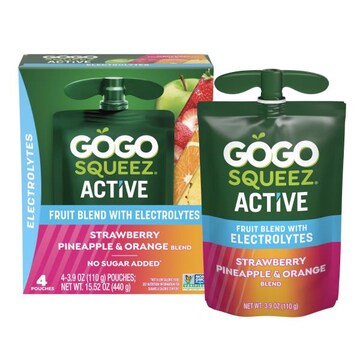GoGo squeeZ Active Electrolyte No Sugar Added Strawberry Pineapple Orange Fruit Blend, 3.9 oz (4 Pack)