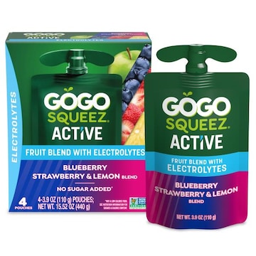 GoGo squeeZ Active Electrolyte No Sugar Added Blueberry Strawberry & Lemon, 3.9 oz (4 Pack)