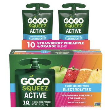 GoGo squeeZ Active Electrolyte No Sugar Added Strawberry Pineapple Orange Fruit Blend, 3.9 oz (10 Pack)