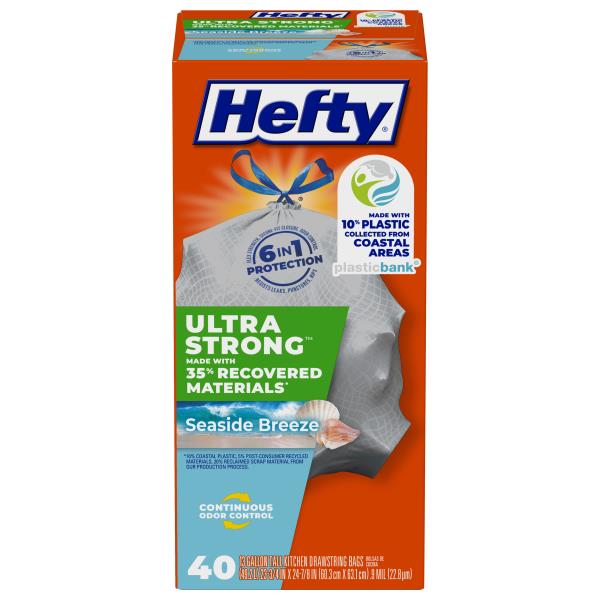 Hefty Ultra Strong Bags, Drawstring, Kitchen, Seaside Breeze, 13
