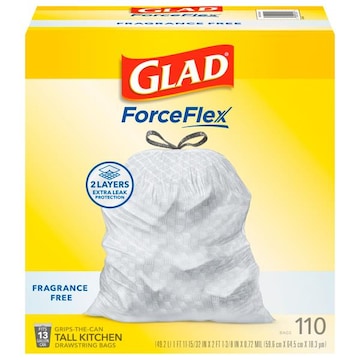 Glad ForceFlex Bags, Drawstring, Kitchen, Fragrance Free, 13 Gallon, Tall