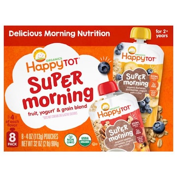 Happy Tot Organics for 2+ Years Super Morning Organic Bananas, Blueberries, Yogurt, Oats & Chia/Organic Apples, Cinnamon, Yogurt, Oats & Chia Toddler Fruit, Yogurt & Gra