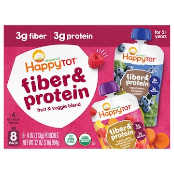 Happy Tot Organics 8 Pack Fiber & Protein Carrots & Butternut Squash Raspberries Blueberries & Spinach/Pears Pears Fruit & Veggie Blend