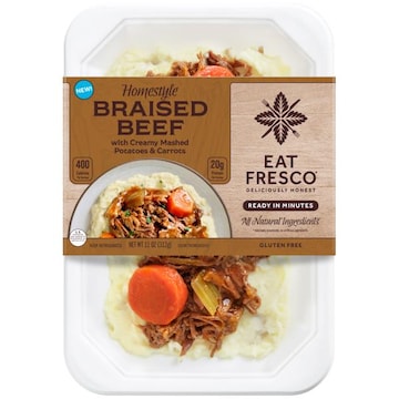 Eat Fresco Savory slow-cooked braised beef paired with creamy mashed potatoes and carrots.
