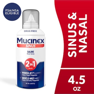 MUCINEX® Mucinex® Saline Spray moisturizes and soothes nasal passages and is safe for adults and children 2 years and older.**Gentle mist nozzle only. Power j