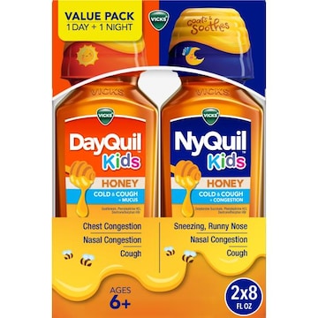 Vicks DayQuil & NyQuil Kids Cold & Cough Relief, Over-the-Counter Medicine, Honey, 2x12 Oz