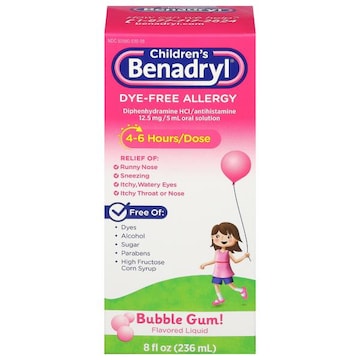 Benadryl Children's Allergy, Dye-Free, Liquid, Bubble Gum! Flavored
