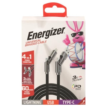 Energizer Universal Braided Cable, 4-in-1, Type C, USB, Lightning