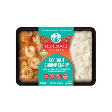 Monsoon Kitchens, Inc. Shrimp in a Kerala style coconut curry with aromatic basmati rice