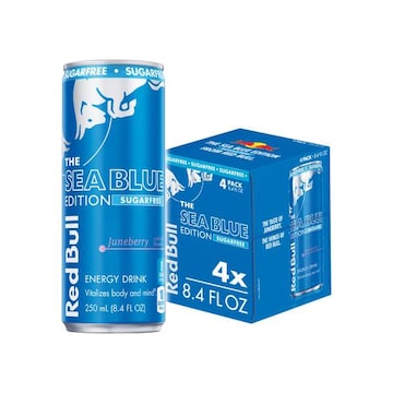 Red Bull Sea Blue Edition Sugar Free Energy Drink, Juneberry, 8.4 fl. oz., Pack of 4 cans, with 80mg Caffeine, Taurine & B Vitamins