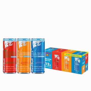Red Bull Energy Drink Sugar Free Variety Pack, Red, Amber, and Sea Blue, with 80mg Caffeine, Taurine & B Vitamins, 8.4 fl. oz, Pack of 12 Cans