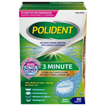 Polident 3 Minute Antibacterial Dental Appliance Cleanser Tablets, 90 Count