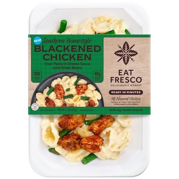 Eat Fresco Blackened Chicken over Pasta in Cheese Sauce with Green Beans