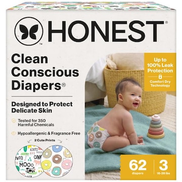 The Honest Company Clean Conscious Diapers® | Up to 100% Leak Protection I Designed to Protect Delicate Skin I Hypoallergenic + Fragrance Free | Barnyard Babies + Donut