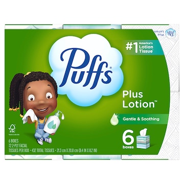 Puffs Facial Tissues, 6pk Cube, Plus Lotion, 2-Ply