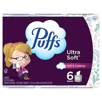 Puffs Facial Tissues, 6pk Cube, Ultra Soft, 2-Ply