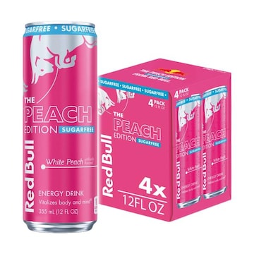 Red Bull Summer Edition Sugarfree Energy Drink, White Peach, 12 fl. oz., Pack of 4 cans, with 114mg Caffeine, Taurine & B Vitamins
