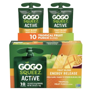 GoGo squeeZ Active Energy No Sugar Added Tropical Fruit Blend Pouches, 3.9 oz (10 Pack)