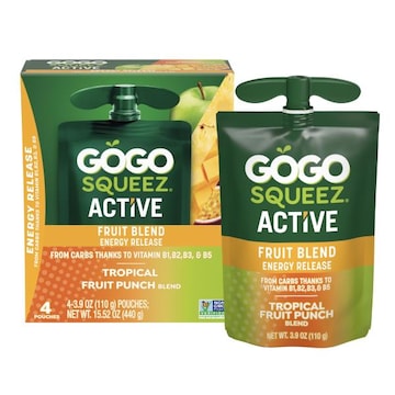 GoGo squeeZ Active Energy No Sugar Added Tropical Fruit Blend Pouches, 3.9 oz (4 Pack)